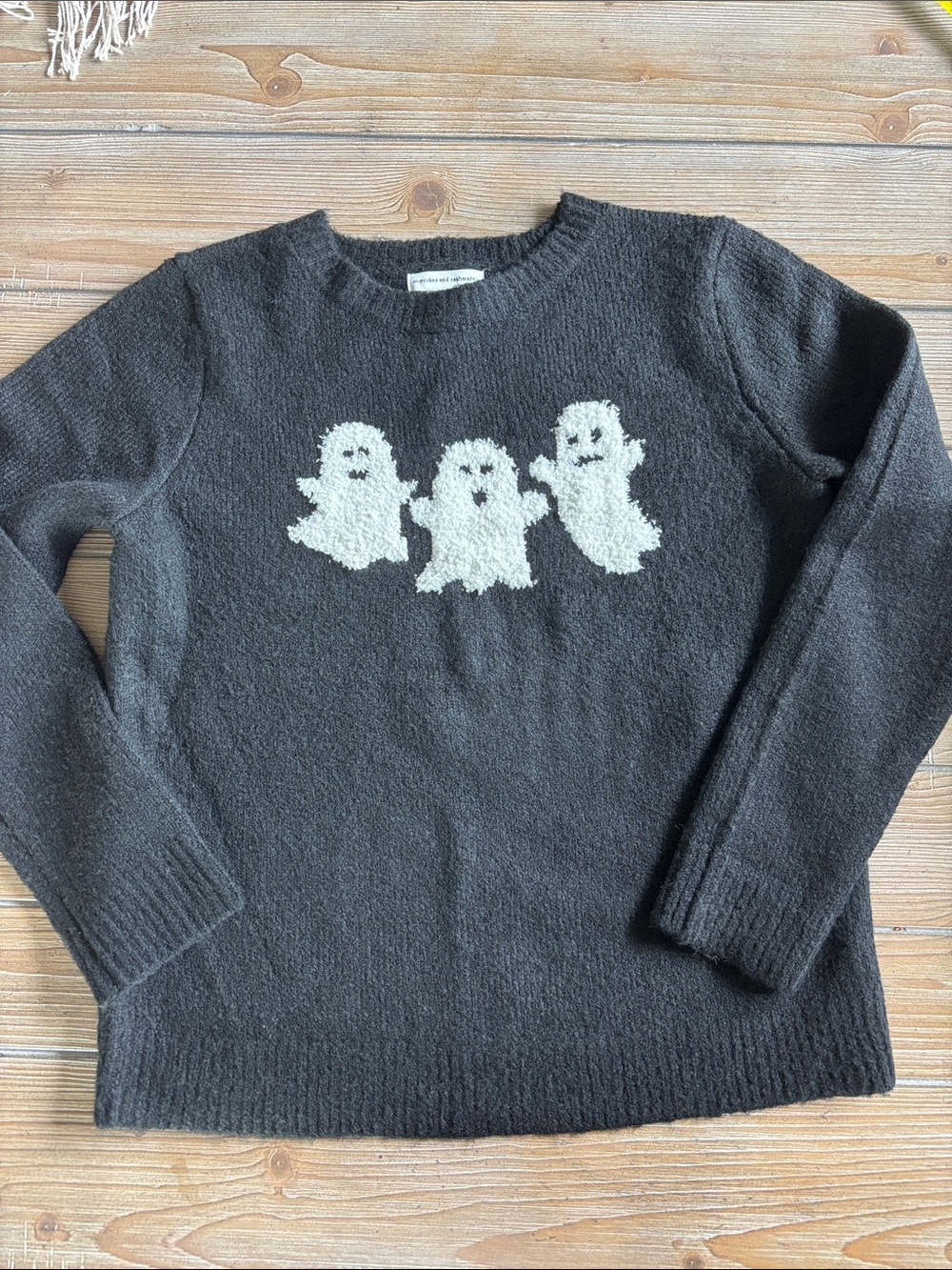 Black Crewneck Sweater with White Ghost Motif